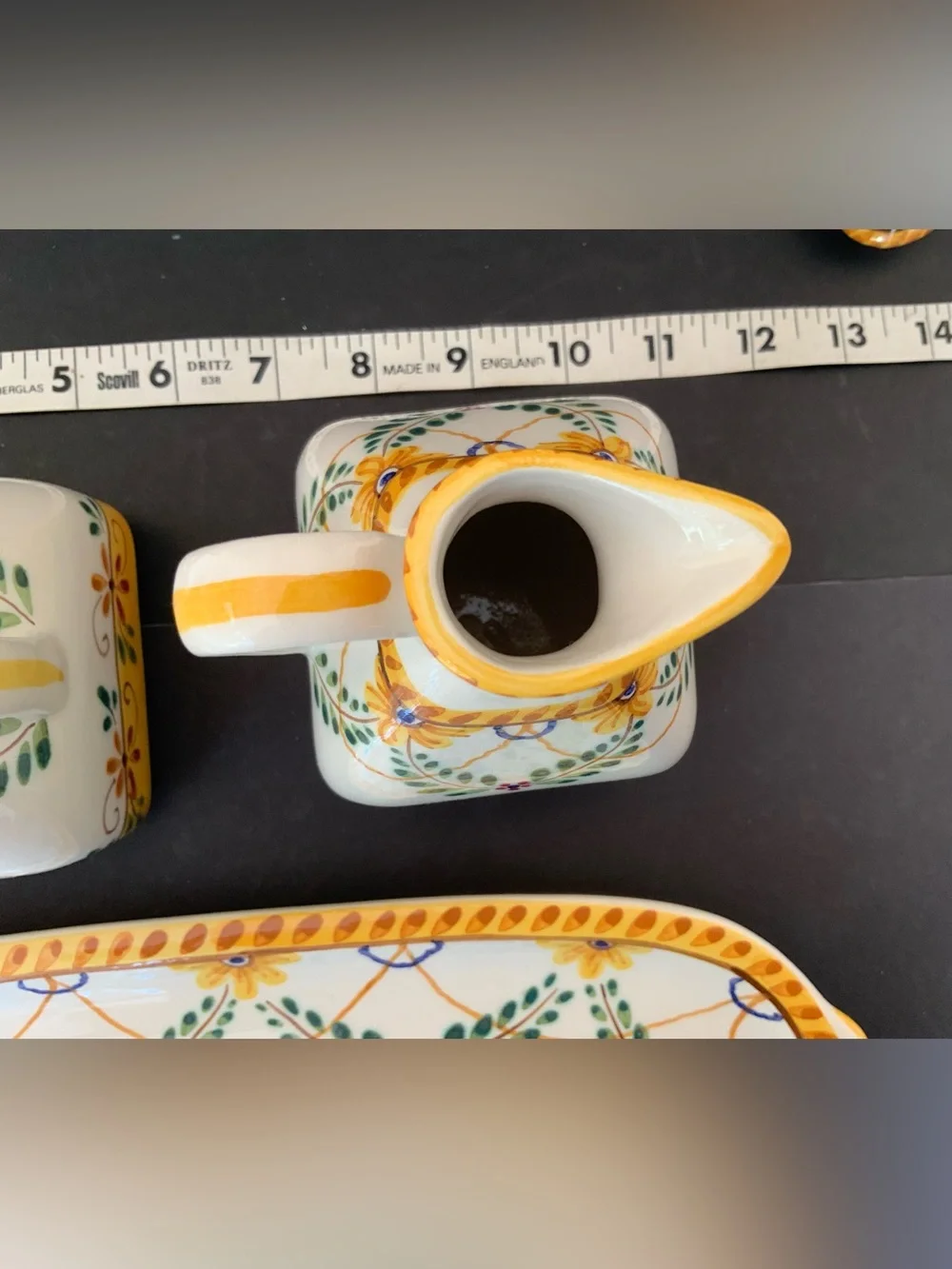 Handpainted Ceramic Oil & Vinegar Cruets Set with base tray, Portugal